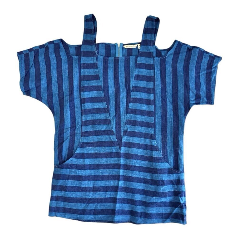 Soft Surroundings Linen Blend Tunic Blouse Small Cold Shoulder Blue Pockets
